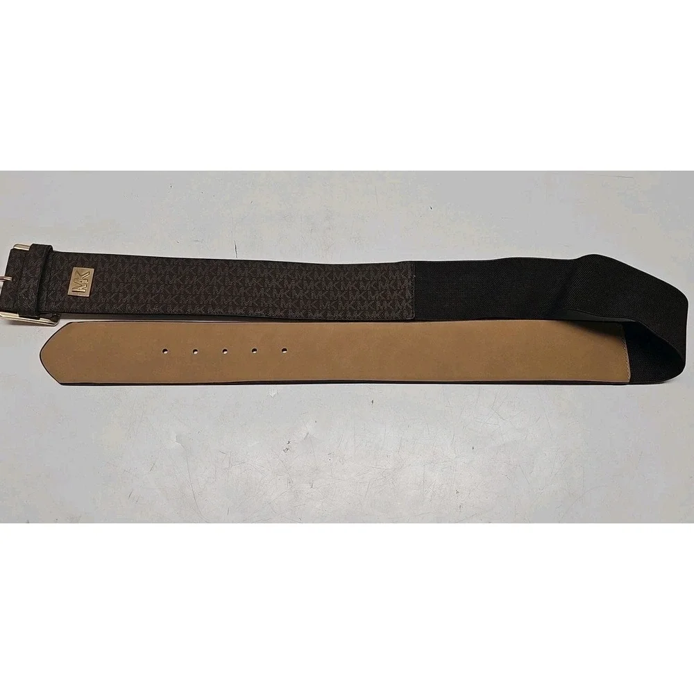 Michael Kors Belt Size L/XL Elastic Stretch Signature Brown Logo Gold Buckle NWT